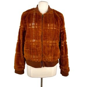 Anthropologie Rust Faux Fur Bomber/Teddy Jacket w/White Embroidery Sz L